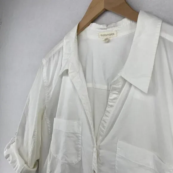EILEEN FISHER Shirt XL Organic Cotton Woven Roll Tab Sleeve Button Front White - Picture 3 of 14
